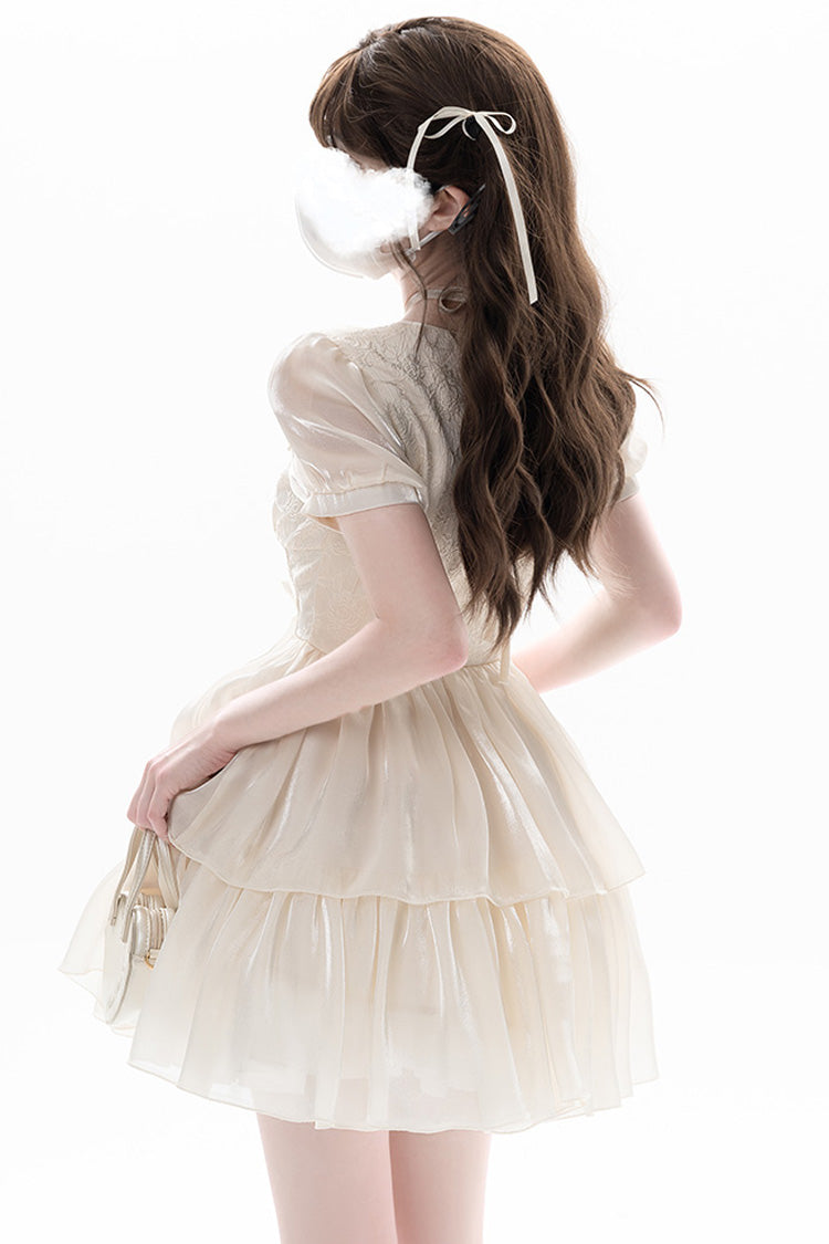 Apricot Sweet Lolita Dress with Multi-Layer Jacquard Ruffles Short Sleeves and Bowknot