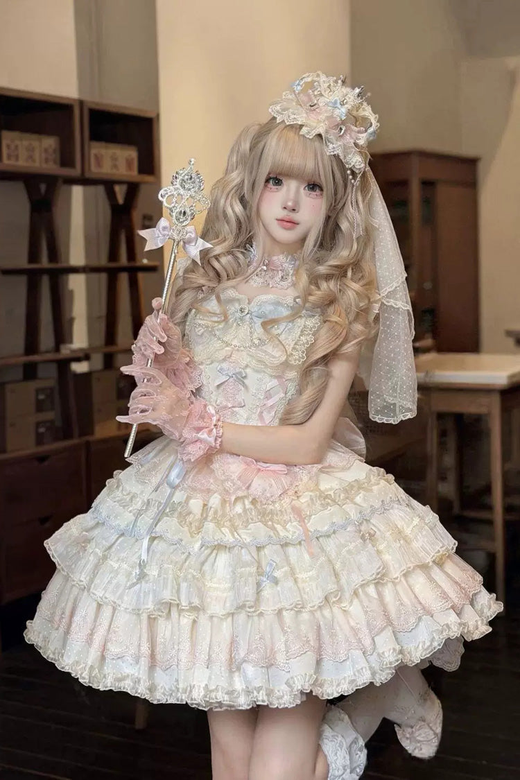 Sweet Lolita JSK Dress with Square Collar and Ruffled Bow - Apricot/Pink