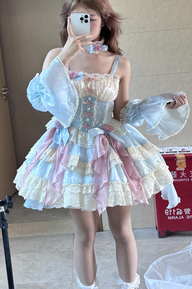 Heartbeat Blue Multi-Layered Ruffle Bowknot Lace Sweet Princess JSK Dress