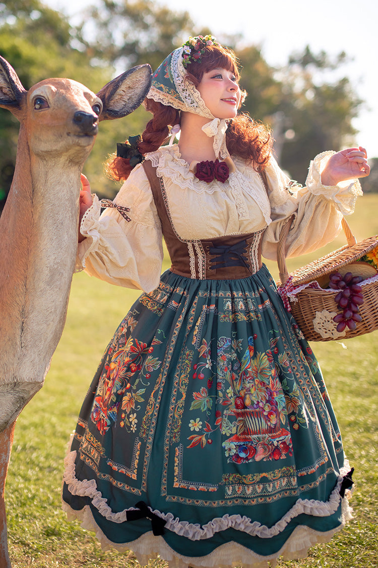 Green Velvet Classic Lolita JSK Dress with Berries and Birds Print Ruffle Bowknot
