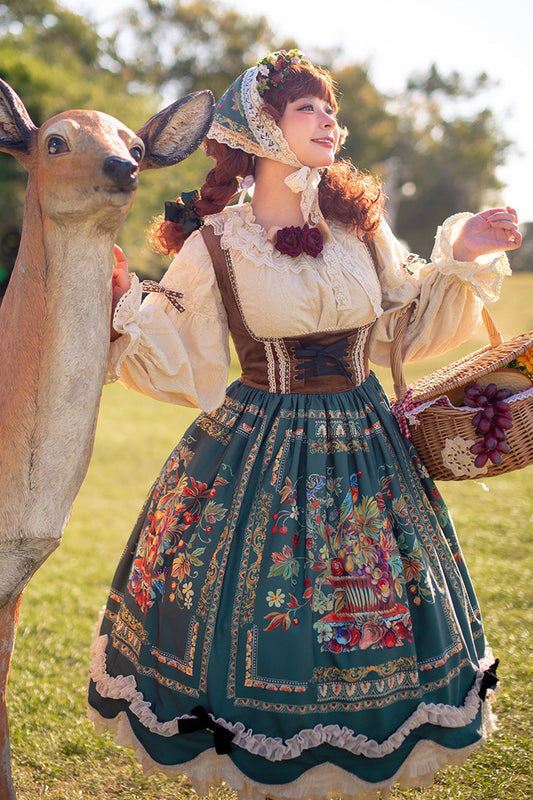 Green Velvet Classic Lolita JSK Dress with Berries and Birds Print Ruffle Bowknot
