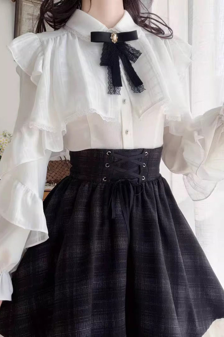 Black/White Long Sleeves Plaid Printed Lace Lace-Up Sweet Jirai Kei Skirt Set