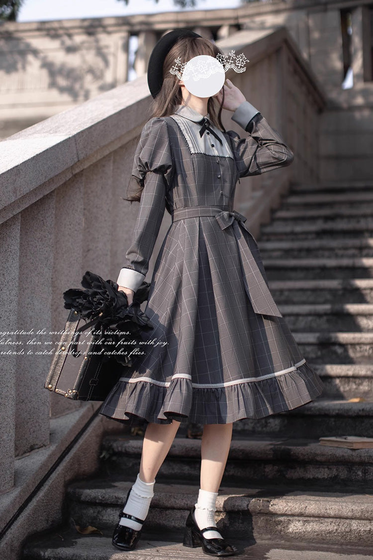 Grey Plaid Print Bow Classic Vintage College Dress