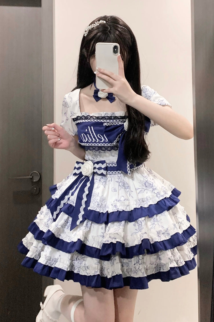 Cerulean and Ivory Porcelain Print Multi-Layer Ruffle Embroidery Bow Sweet Lolita Dress