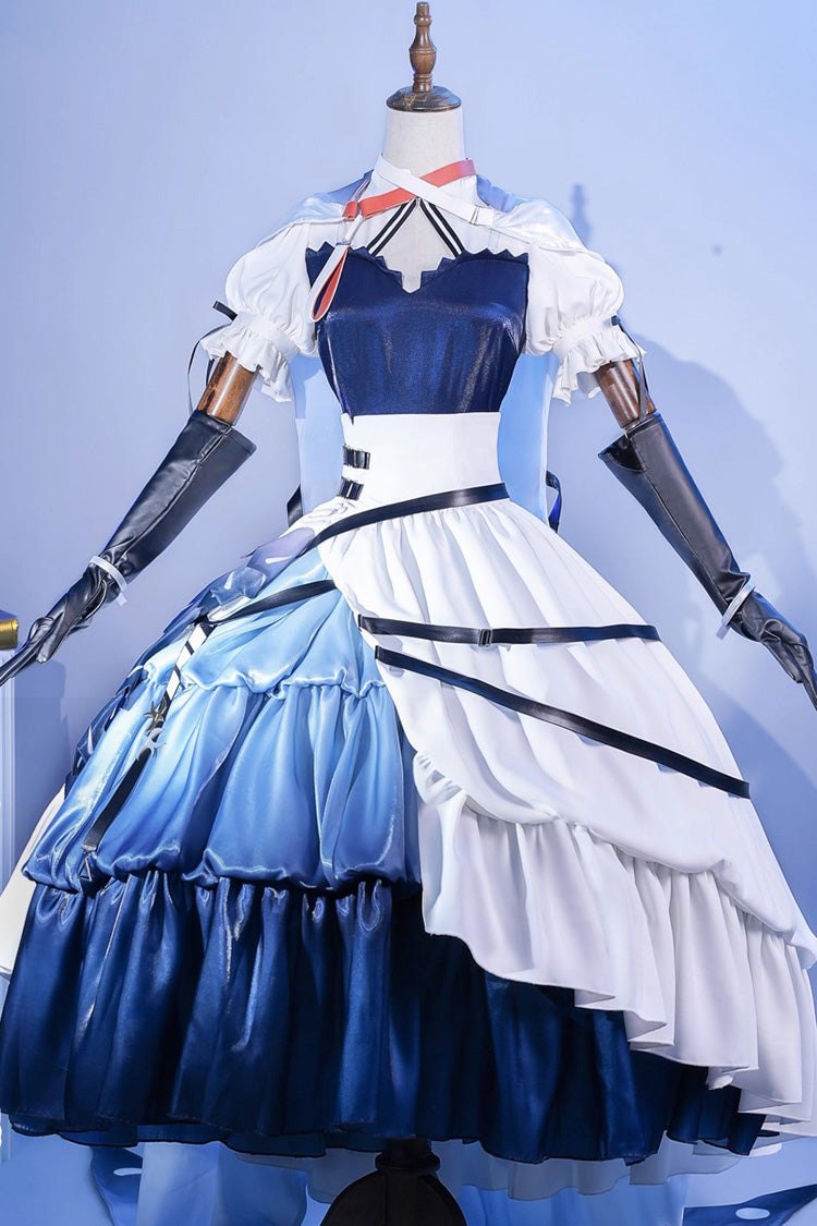 Blue/White Arknights Short Puff Sleeves Ruffle Cardigan Asymmetric Classic Anime Cosplay Lolita Dress Set