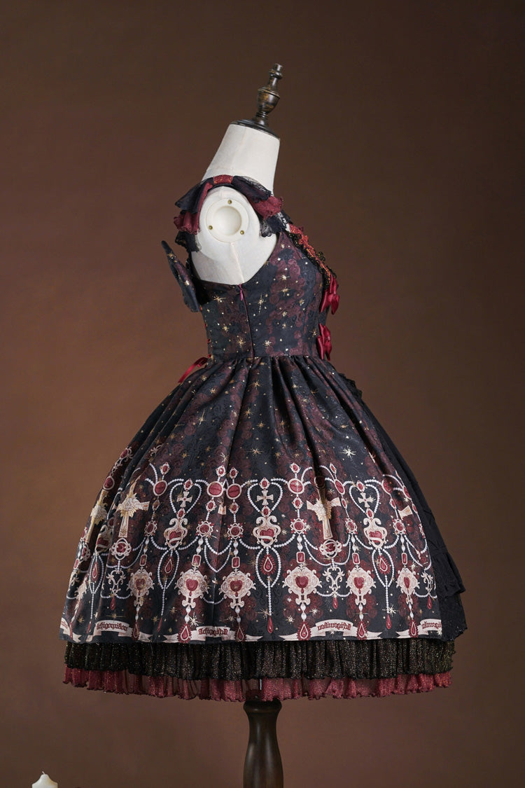 Red Black Triple-Layered Print Ruffle Hot Stamping Cardigan Bowknot Elegant JSK Dress