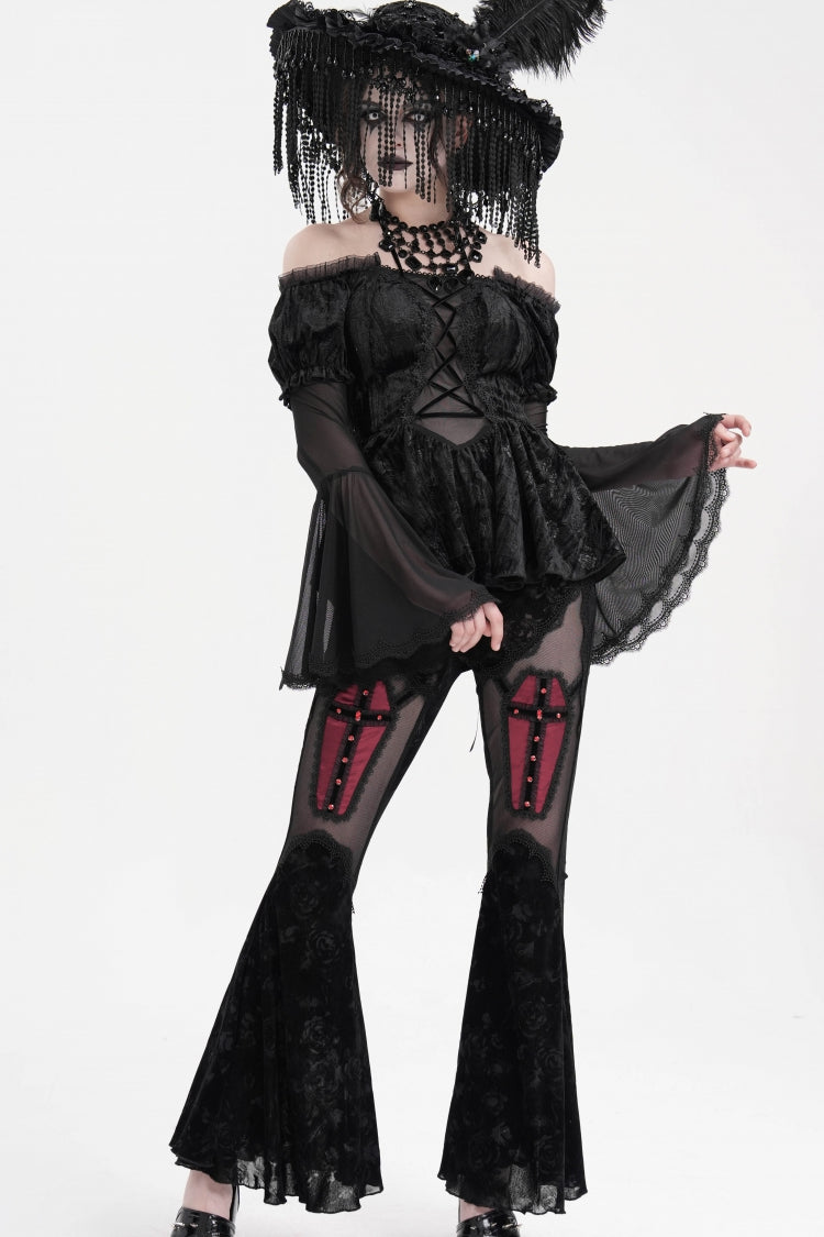 Sheer Black Hollow Lace-Up Mesh Long Sleeve Halter Gothic Blouse