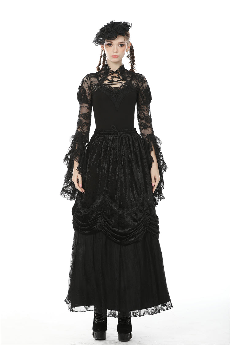 Jet-Black Gothic Cape with Sheer Floral Lace and Lacing for Women