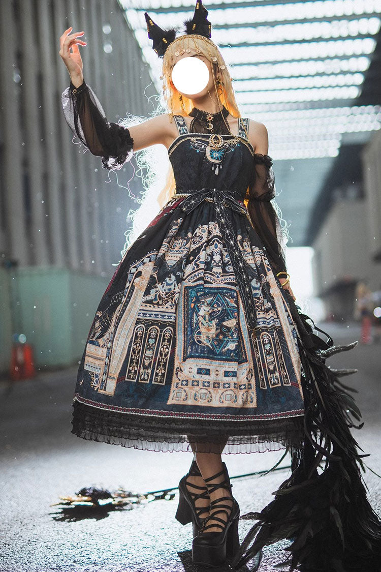 Gothic Lolita Dress with Egyptian Print, Ruffles, Dusk Style