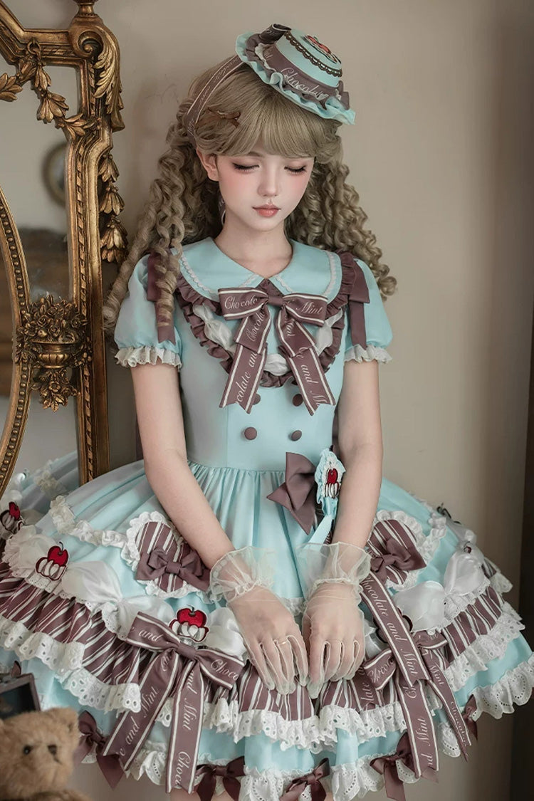 Cherry Mille-Feuille Lapel Collar Short Sleeve Printed Lace Sweet Dress