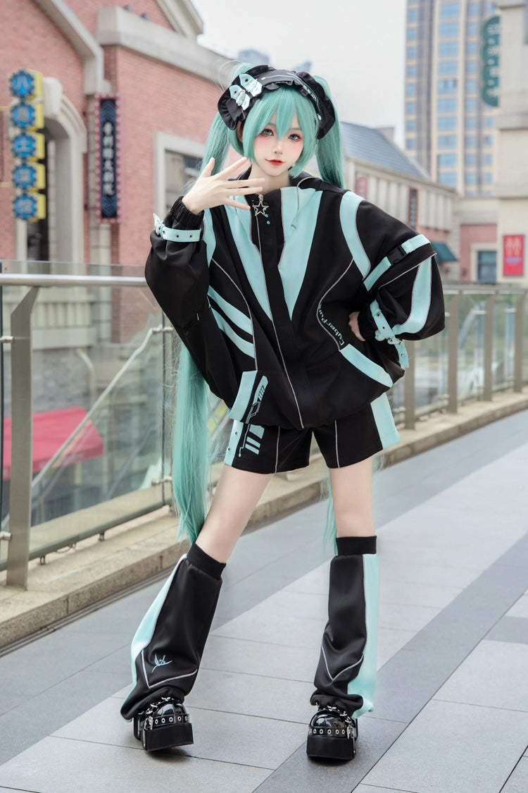 Cyber Phantom Hatsune Miku Print Jirai Kei Cool Coat - Black/Blue