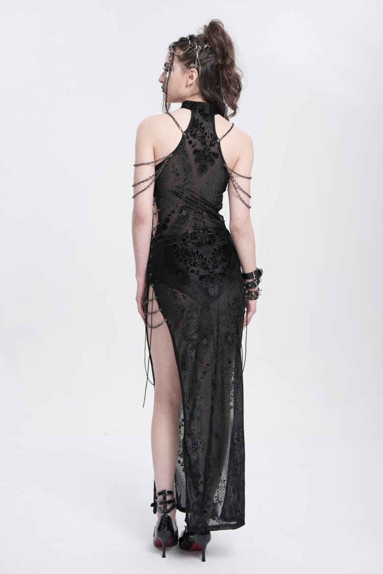 Stylish Black Cheongsam Collar Side Slit Embroidered Sleeveless Halter Gothic Dress