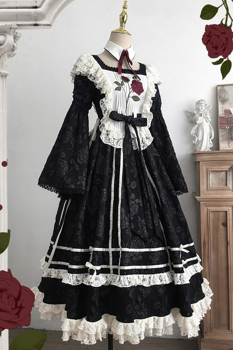 Black Double-Layered Ruffled Embroidered Bow Lace Gothic Nun Dress - Rose Choir