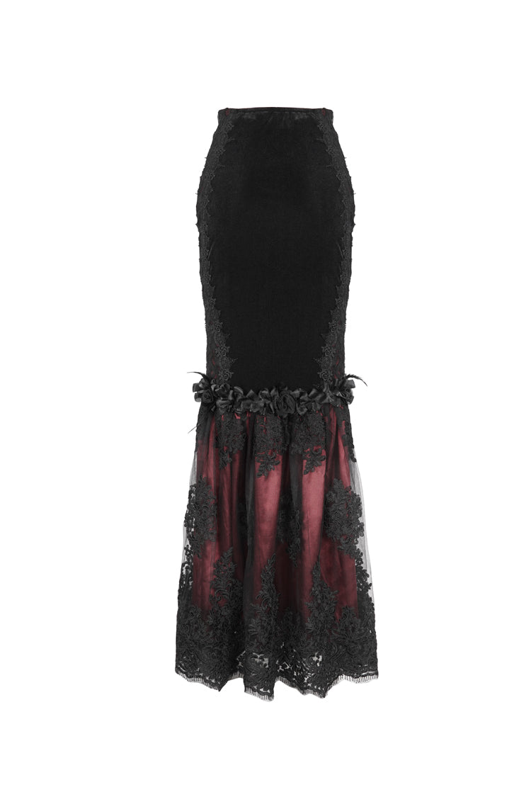 Crimson & Noir High-Rise Embroidered Lace Accent Gothic Skirt