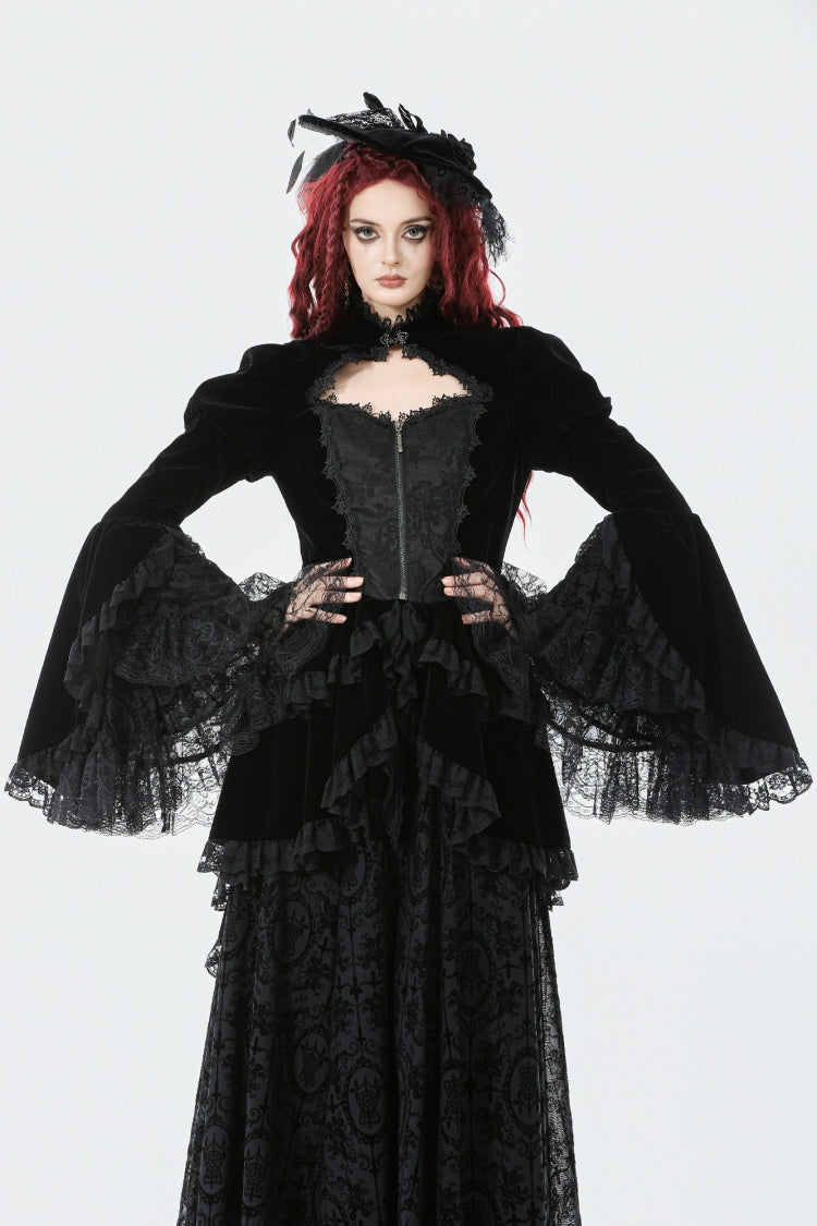 Jet-Black Gothic Coatlet with Layered Ruffles and High-Low Hem for Women