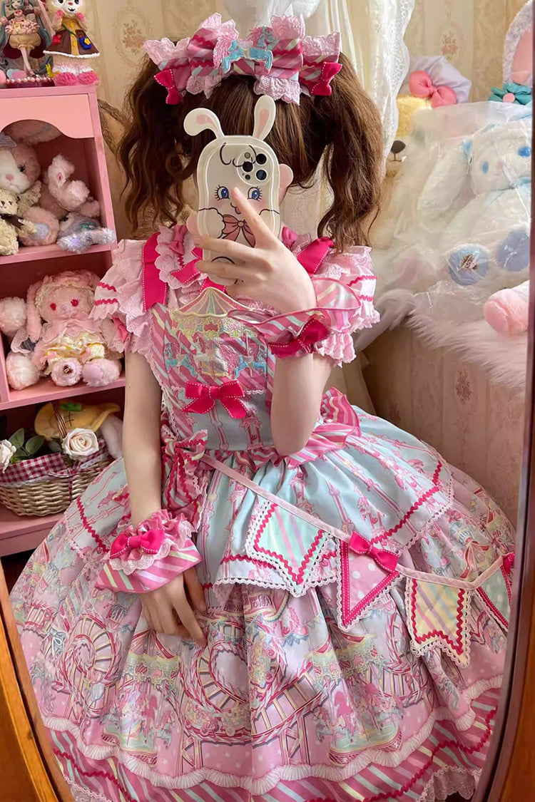 Blue Pink Sweet Lolita JSK Dress with Bowknot Ruffled Print - Candy Park