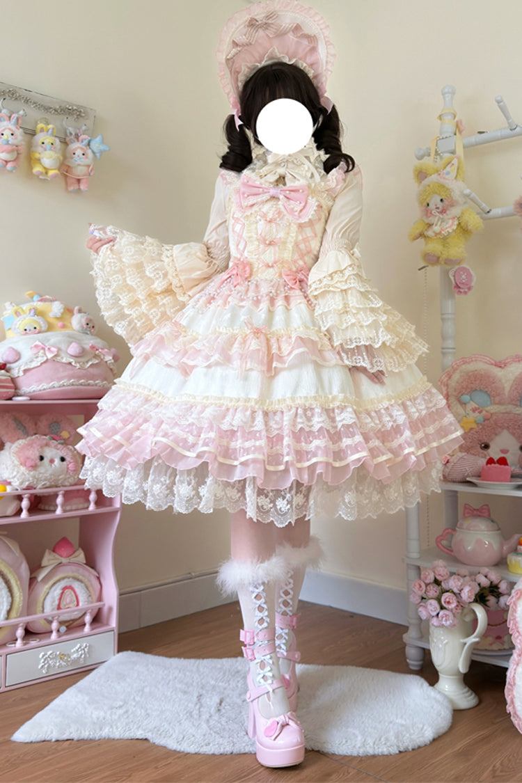Sweet Lace JSK Dress with Ruffle Bow in Apricot