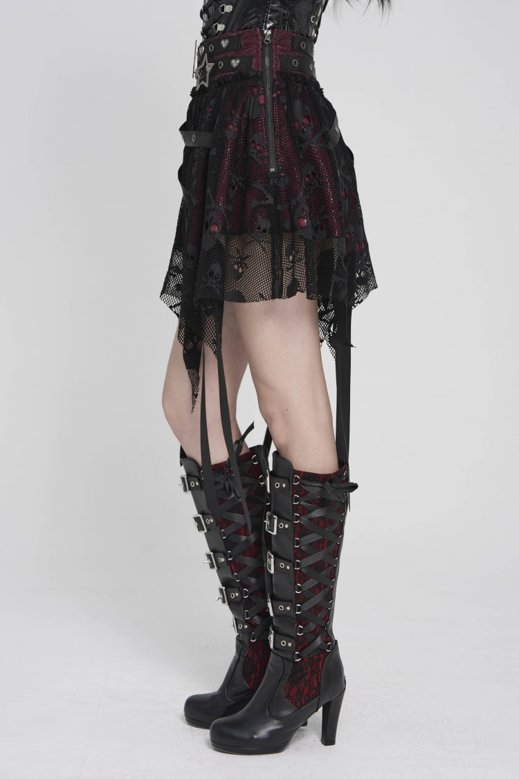 Noir & Scarlet Mesh Eyelet Laced Punk Skirt with Asymmetric Hem