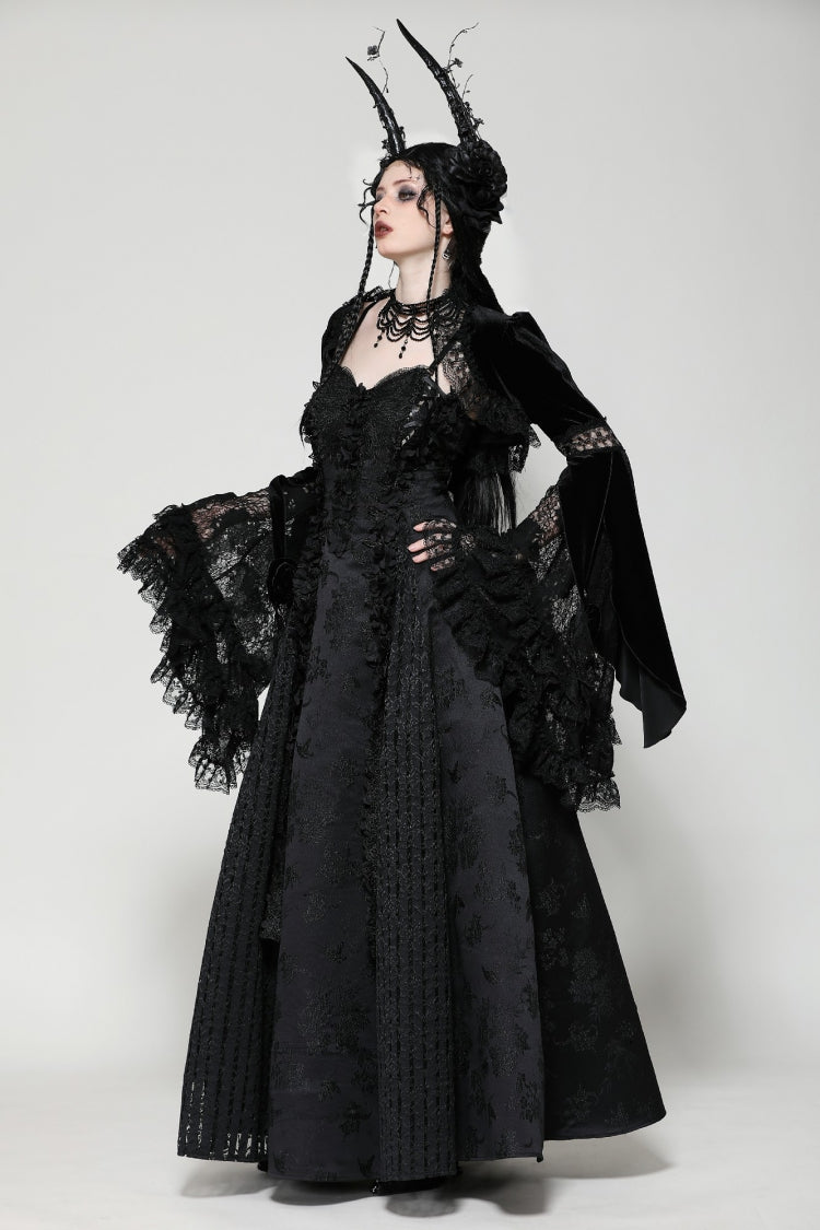 Jet-Black Gothic Cape with Flared Sleeves and Ruffled Lace Trim
