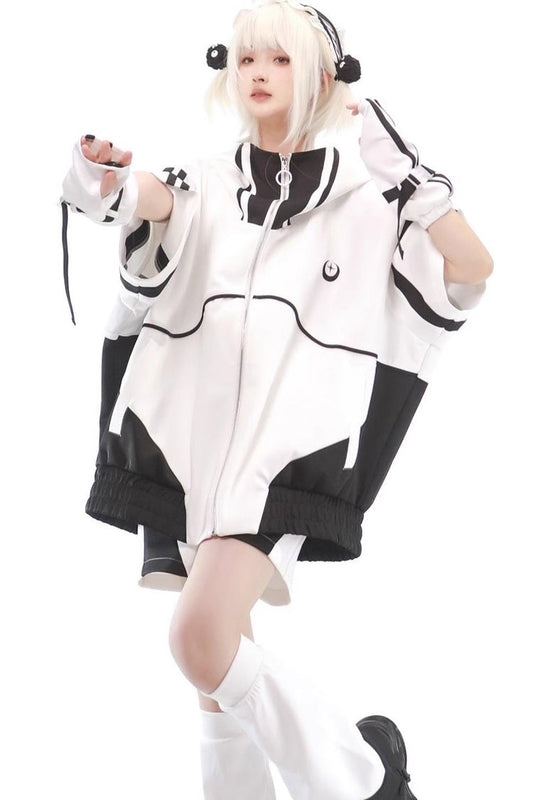Monochrome Starry Half-Sleeve Jirai Kei Overcoat - Noir