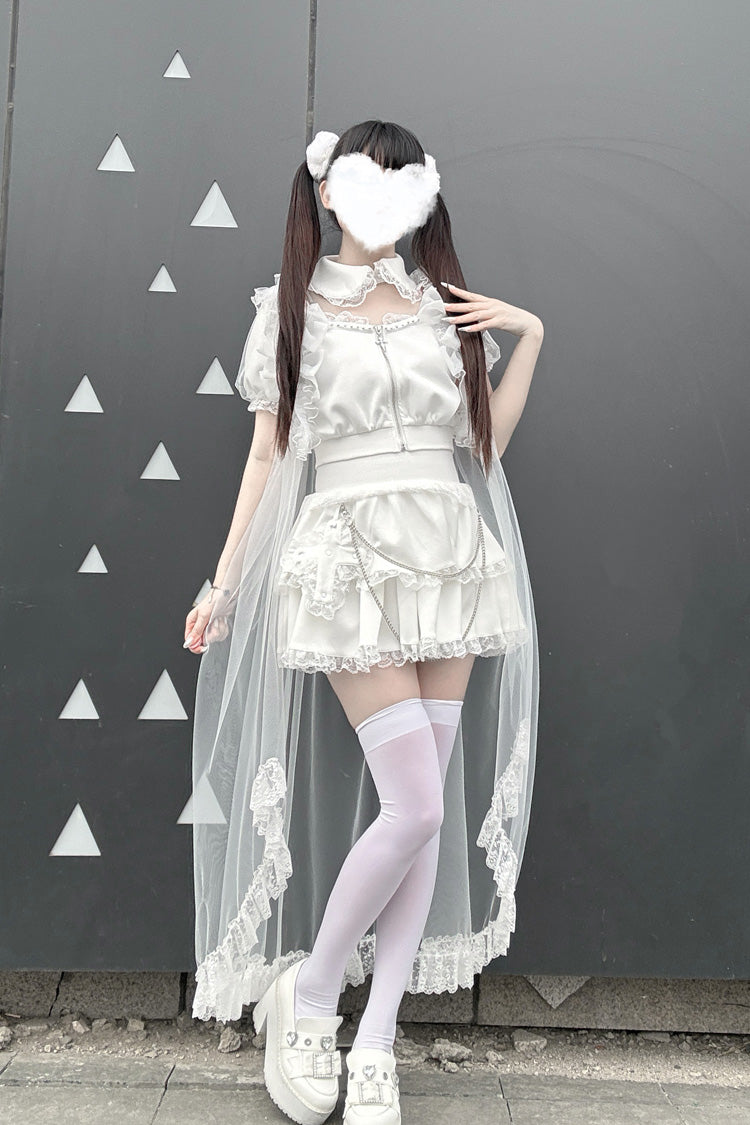 Gothic Layered Lace Zip Chain Skirt Set with Short Sleeves - Song of Atonement