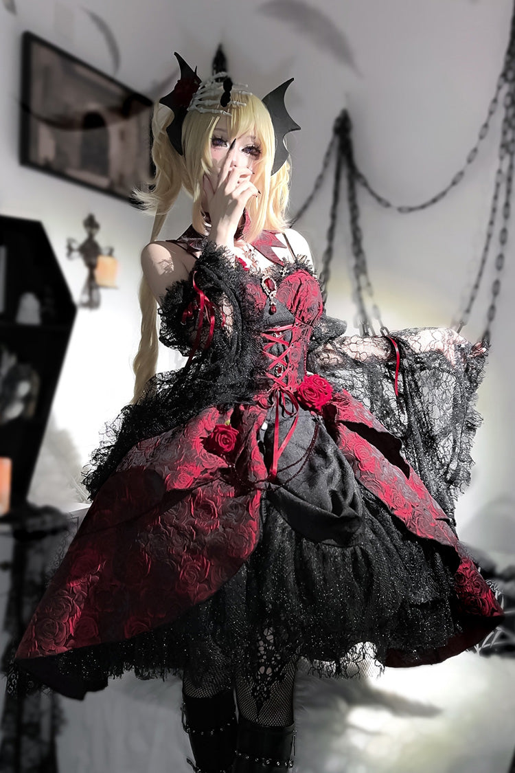 Red Ruffle Embroidery Cardigan Bow Lace Up Gothic Lolita Jsk Dress