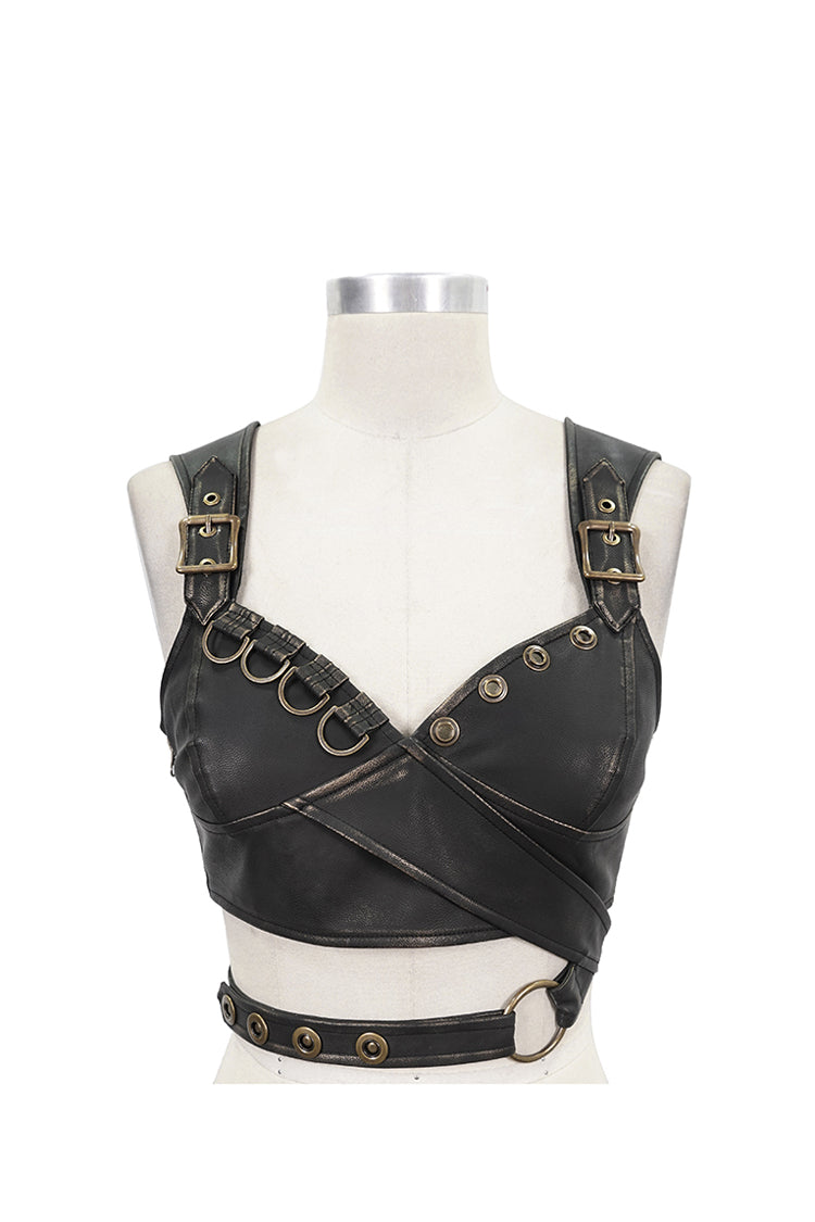 Vintage Hand Wiped Leather Shoulder Loop Backless Lace-Up Punk Waistcoat