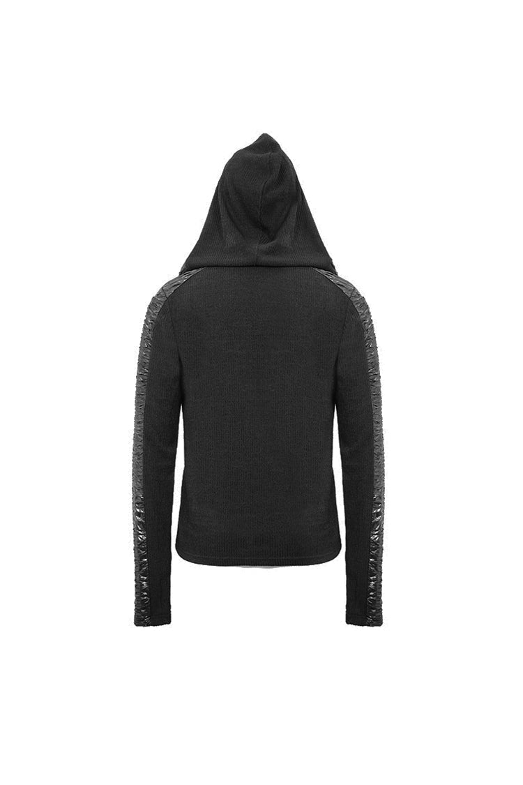 Men's Punk T-Shirt with Striped Wool Hood Lace-Up Crimped Fabric