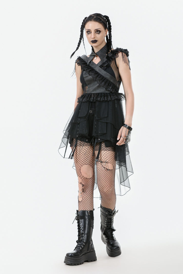Layered Ruffled Sheer Mesh Punk Dress with V-Neck