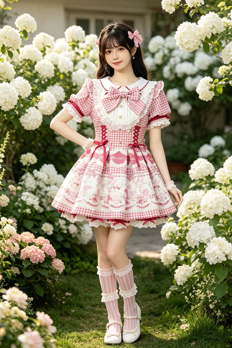 Lapel Collar Short Sleeve Printed Bow Jirai Kei Dress