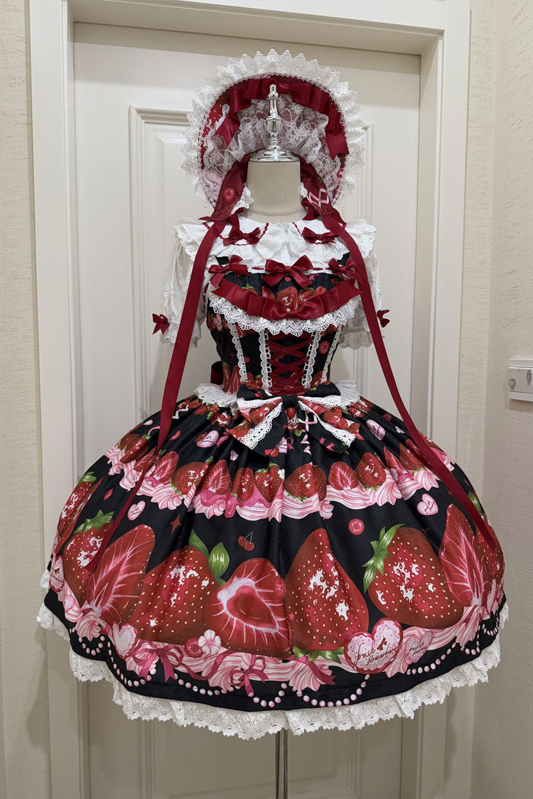 Strawberry Print Ruffled Bow Lace Sweet Lolita JSK