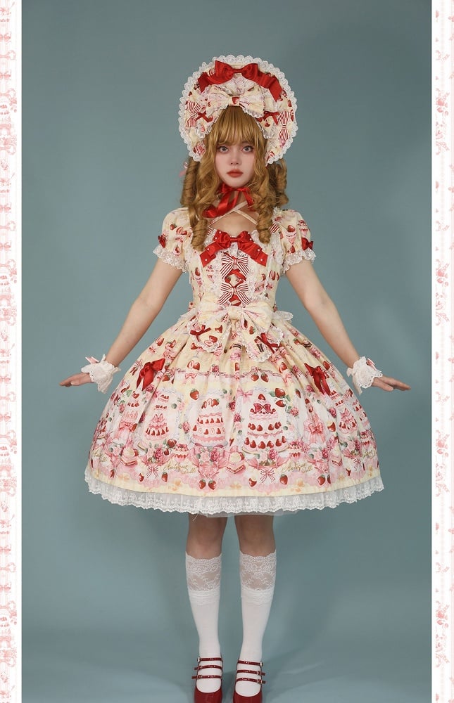 Yellow Full Lolita Set Print Strawberry Sweet Cake Accents Bow Dress /