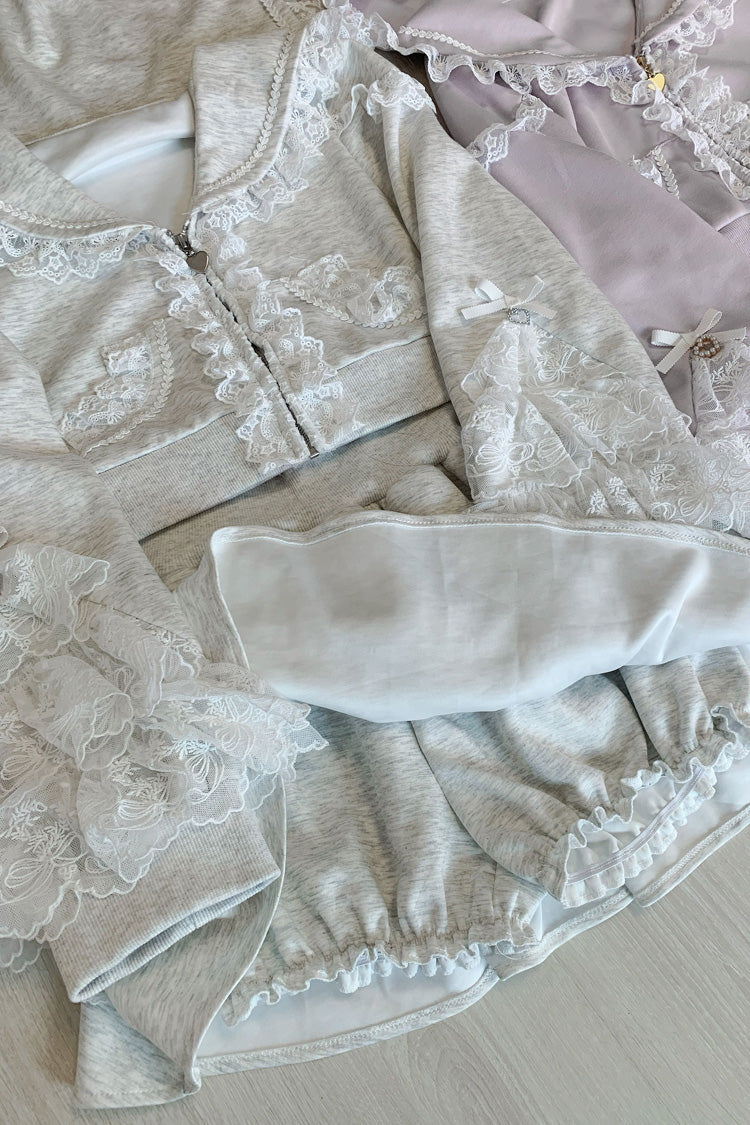 Pink Heartbeat Rhythm Long Sleeve Ruffle Lace Hooded Jirai Kei Skirt Set