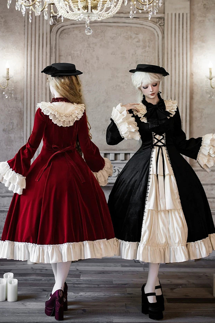 Gothic Lolita Dress with Ruffled Open-Front Bow and Lace-Up - Black