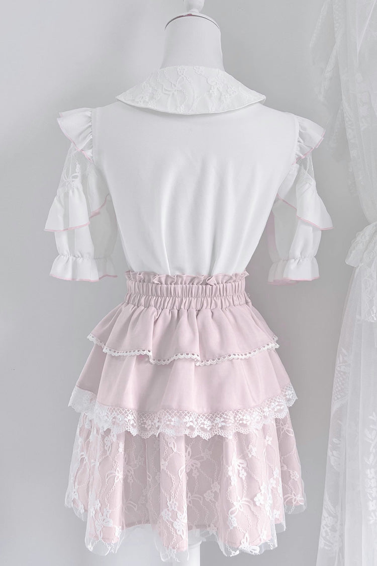 Pale Pink & White Short-Sleeve Triple Ruffled Bow Lace Jirai Kei Skirt Ensemble