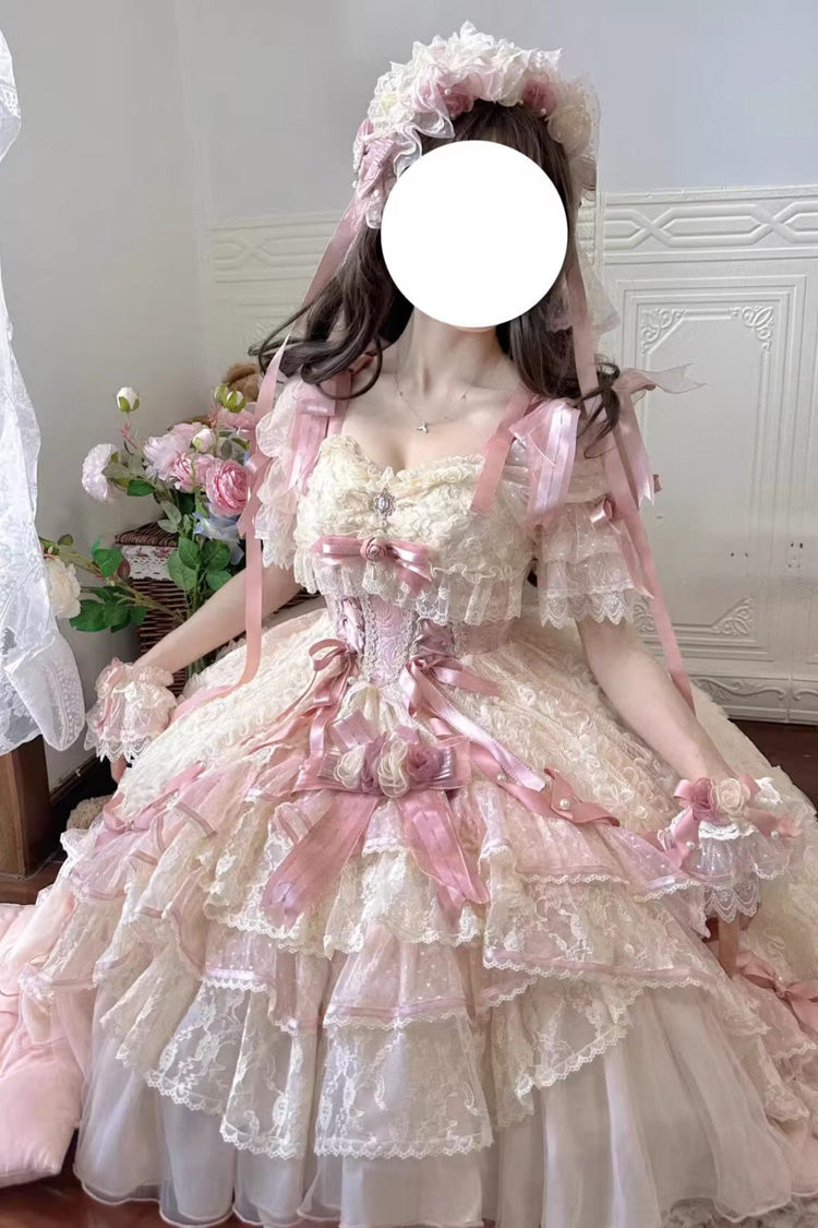 Diane Rose Pink Short Sleeves Multi-Layered Jacquard Ruffle Hanayome Cardigan Bowknot Lace Sweet Dress