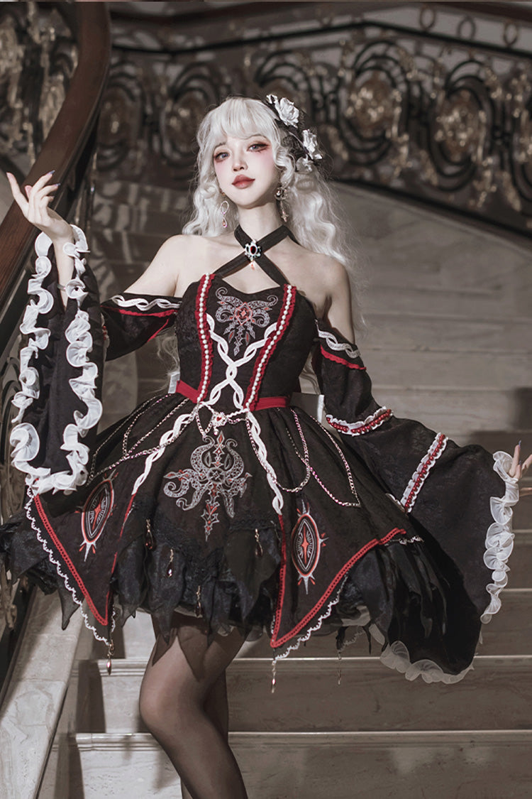 Black Off-Shoulder Long Hime Sleeve Embroidery Gothic Dress