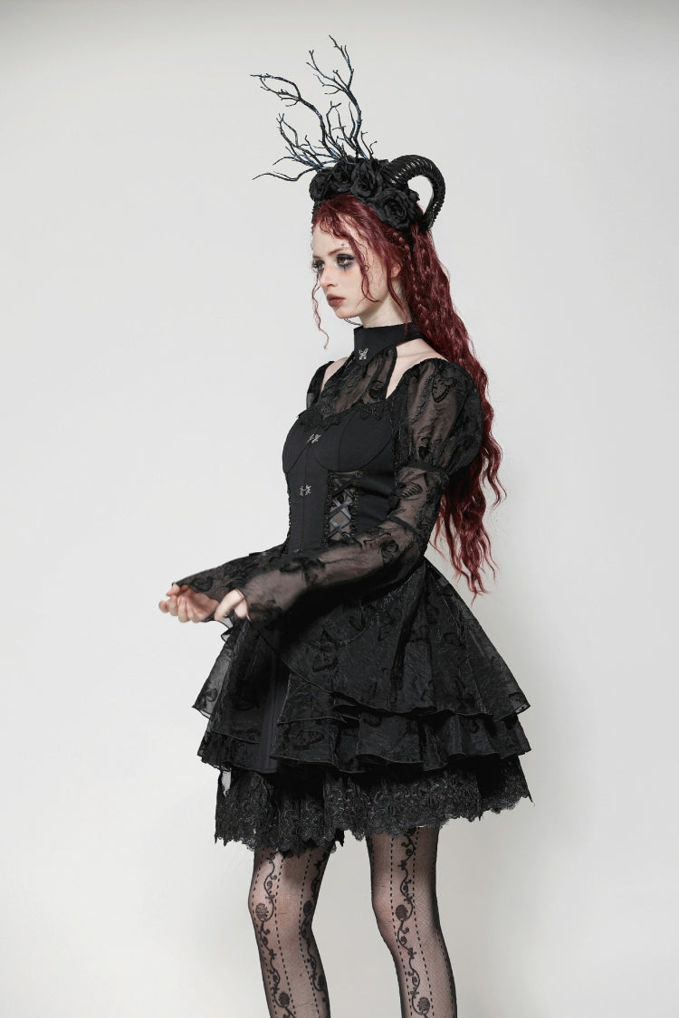 Majestic Black Multi-Layered Lace Trumpet Puff Sleeve Halter Gothic Lolita Graduation Gown