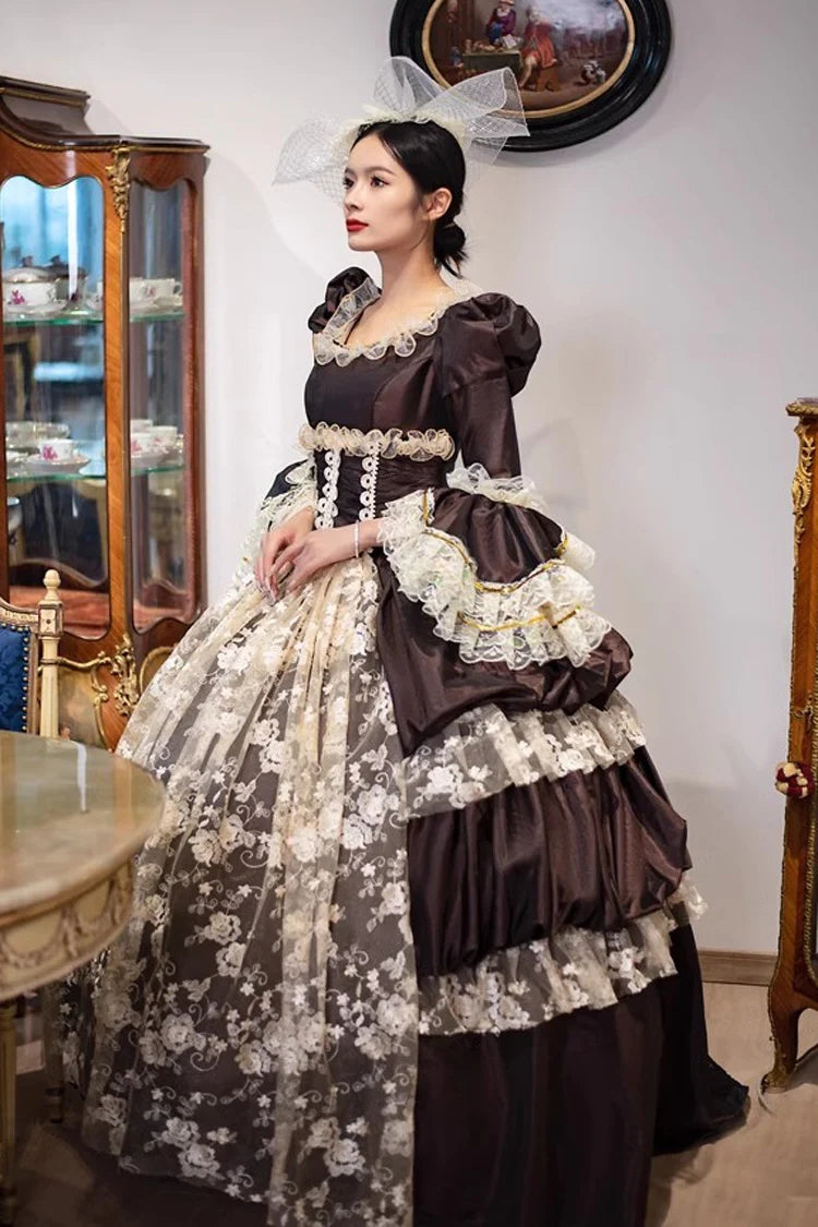 Brown Dark Pattern Print Medieval Court Gothic Victorian Lolita Long Dress