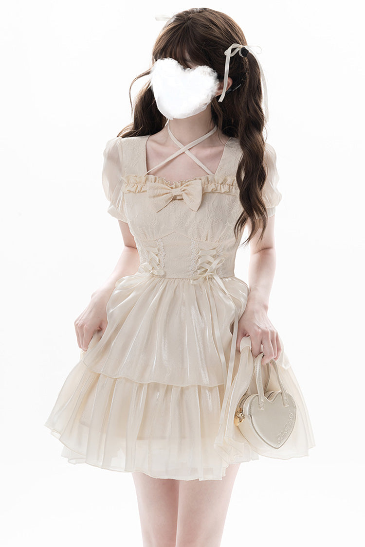 Apricot Sweet Lolita Dress with Multi-Layer Jacquard Ruffles Short Sleeves and Bowknot