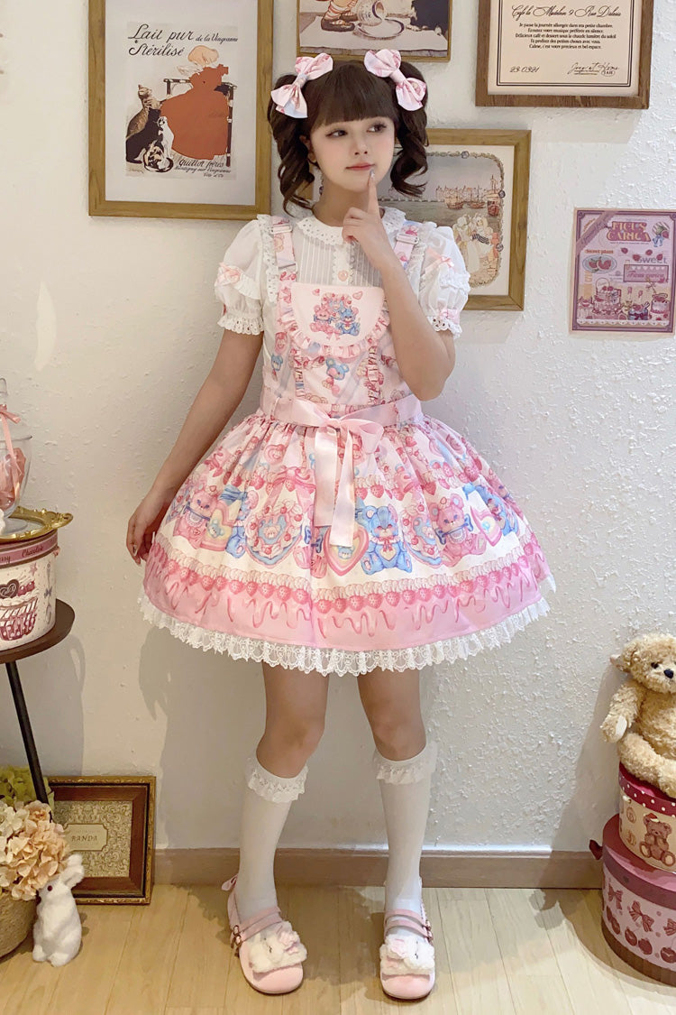 Milky Berry Bear Printed Pink Bow Stitching Lace Sweet Lolita Strap Dress - Miss Brown