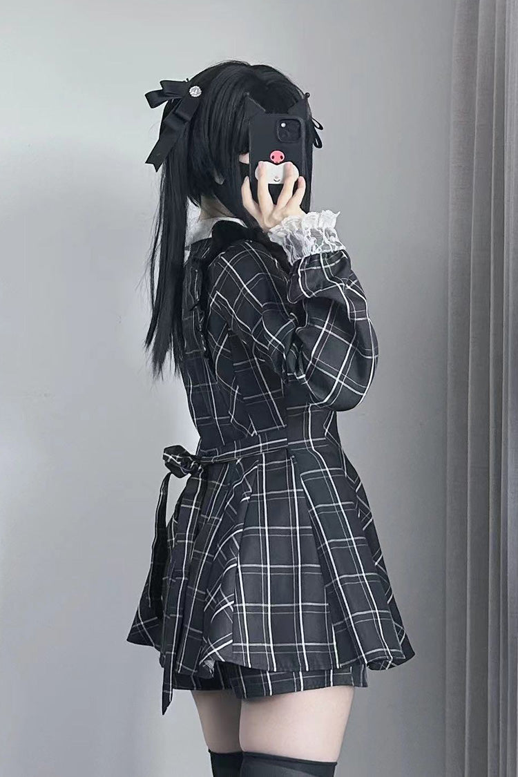 Heart-beating Limited Plaid Print Bowknot Lace Gothic Jirai Kei Dress Set - Black/White