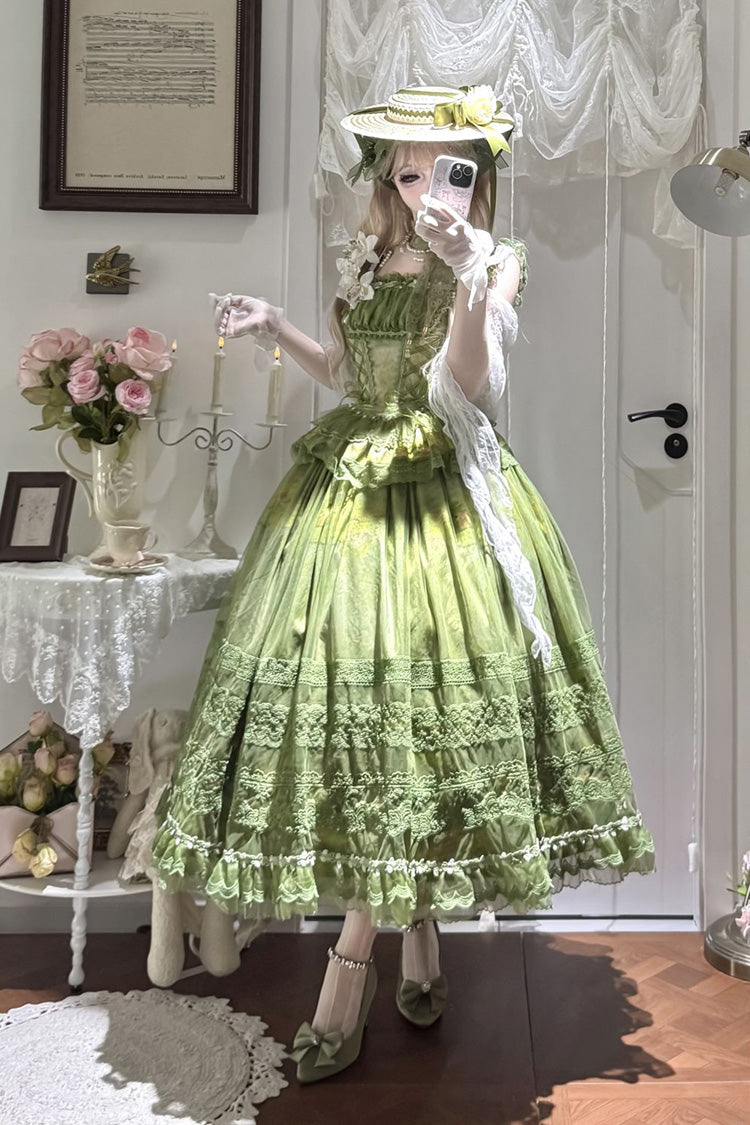 Green Sleeveless Lace-Up Sweet Jsk Dress Set with Bow - Mist-shrouded Vineyard