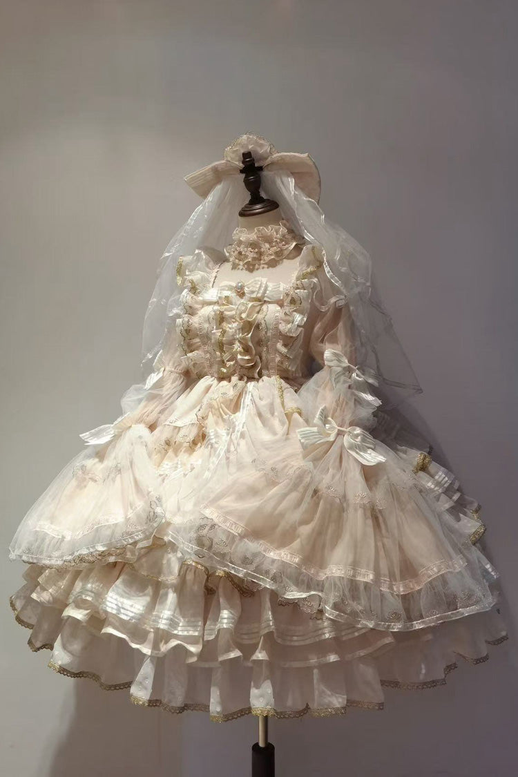 Gorgeous Apricot Trumpet Sleeve Layered Ruffle Bow Lace Lolita Dress Set