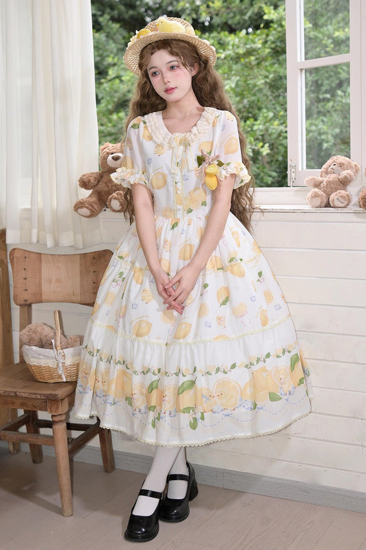 Ivory Casual Print Ruffle Bow Lace Sweet Dress