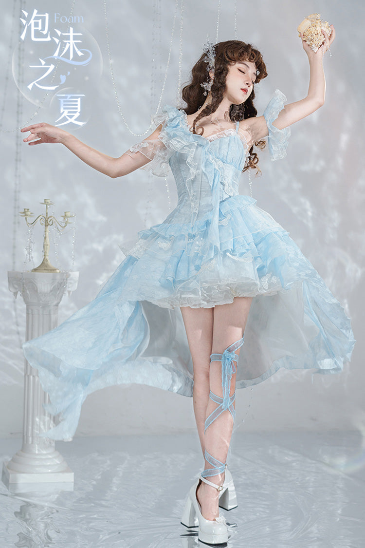 Blue Summer Bubbles Sleeveless Ruffle Embroidered Lace Irregular Train Jsk Dress
