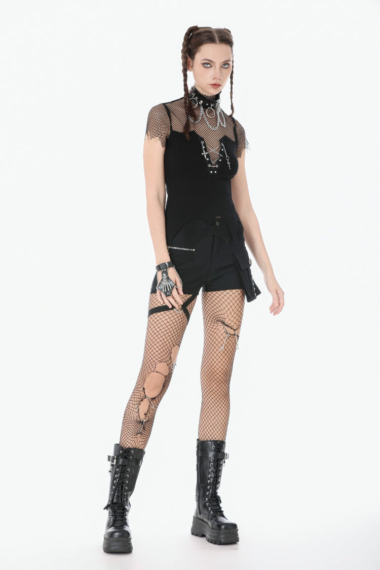 Dark Punk Top with Mesh Cutouts and Chain Embellishments