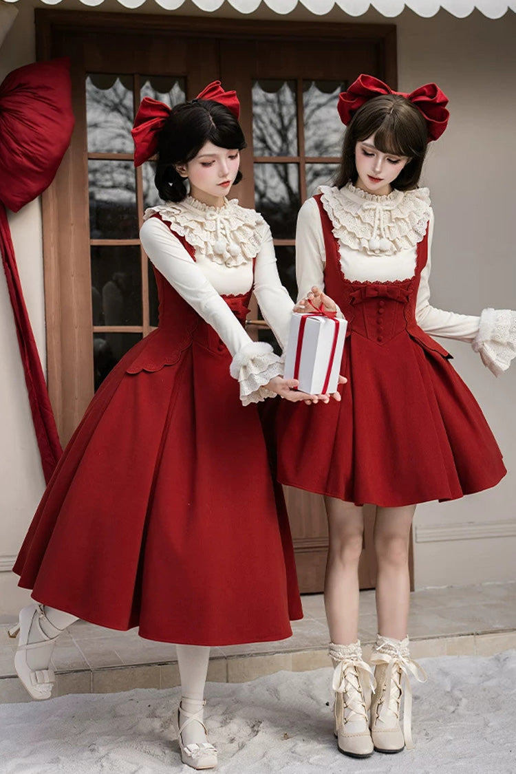 Classic Elegant Lolita Bandeau Dress with Embroidered Bow - Red
