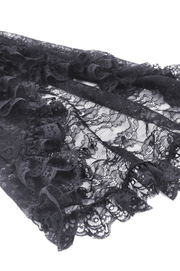 Jet-Black Gothic Cape with Flared Sleeves and Ruffled Lace