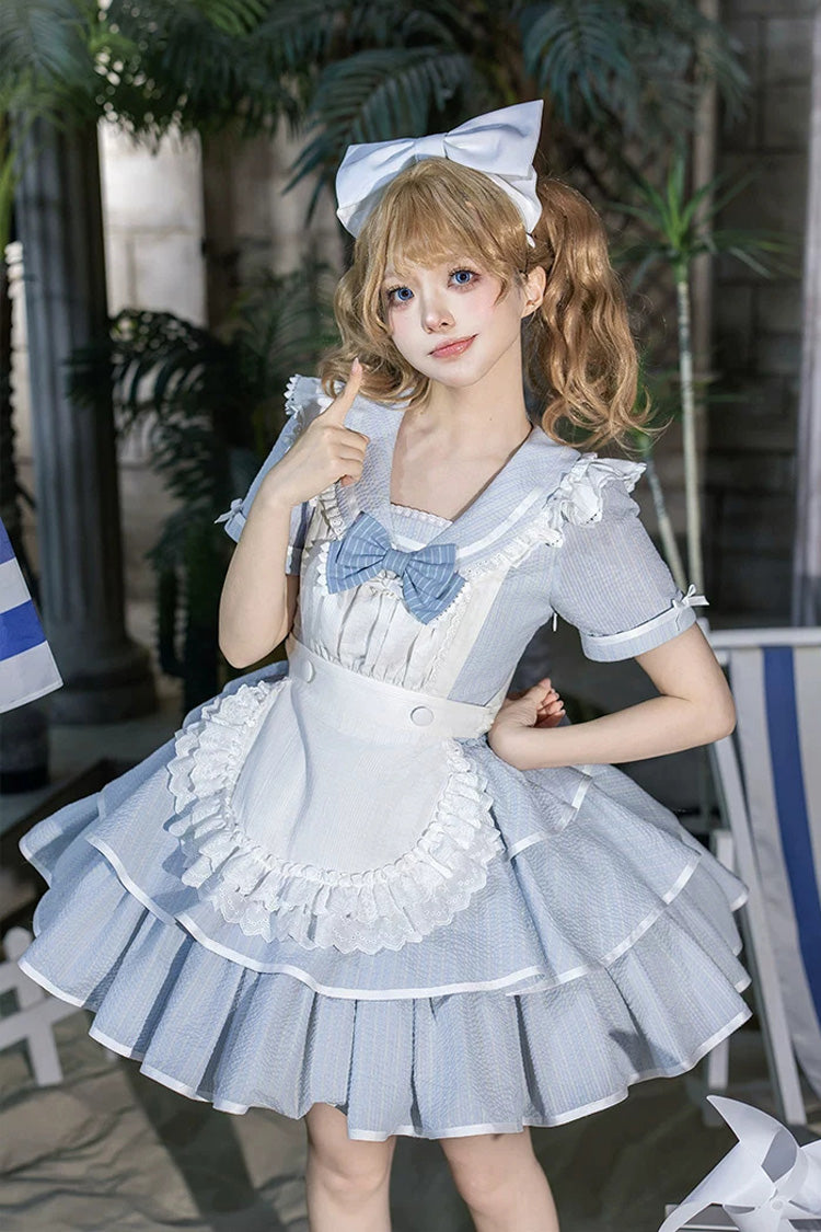 Sweet Lolita Dress with Printed Ruffled Bow and Navy Collar - Blue